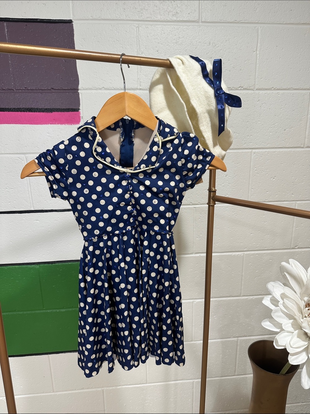 Girls Navy Polka Dot Short Sleeve Dance Costume and Beret
